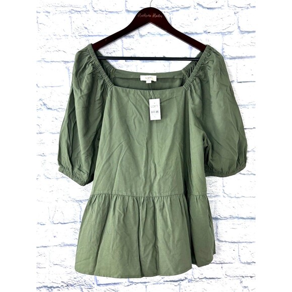 New Loft Army Green Size XL Boho Top Short Sleeve Babydoll Blouse Square Neck U4 - Picture 3 of 12